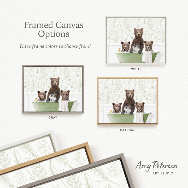 The image is a framed canvas option featuring three different frame colors: white, gray, and natural. The canvas displays a scene of three bears sitting in a bathtub, with one bear sitting in the tub and the other two bears sitting on the edge of the tub.