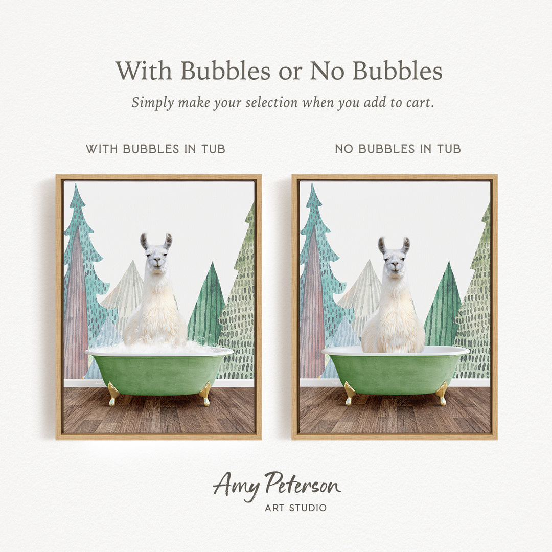 The image is a collage of two pictures featuring a white llama sitting in a green bathtub. The llama is surrounded by a snowy landscape with trees and a snowy hill. The text above the images reads "With Bubbles or No Bubbles" and below the images, it says "Simply make your selection when you add to cart."