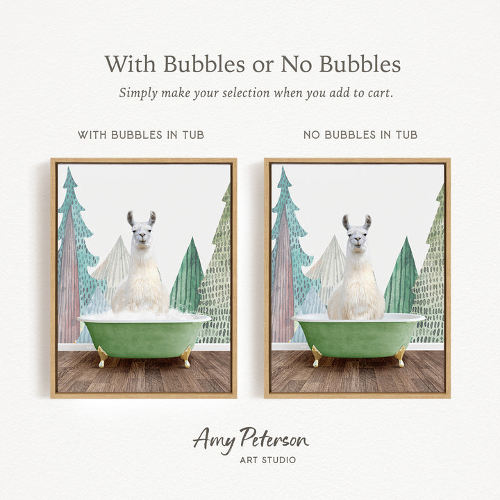 The image is a collage of two pictures featuring a white llama sitting in a green bathtub. The llama is surrounded by a snowy landscape with trees and a snowy hill. The text above the images reads "With Bubbles or No Bubbles" and below the images, it says "Simply make your selection when you add to cart."