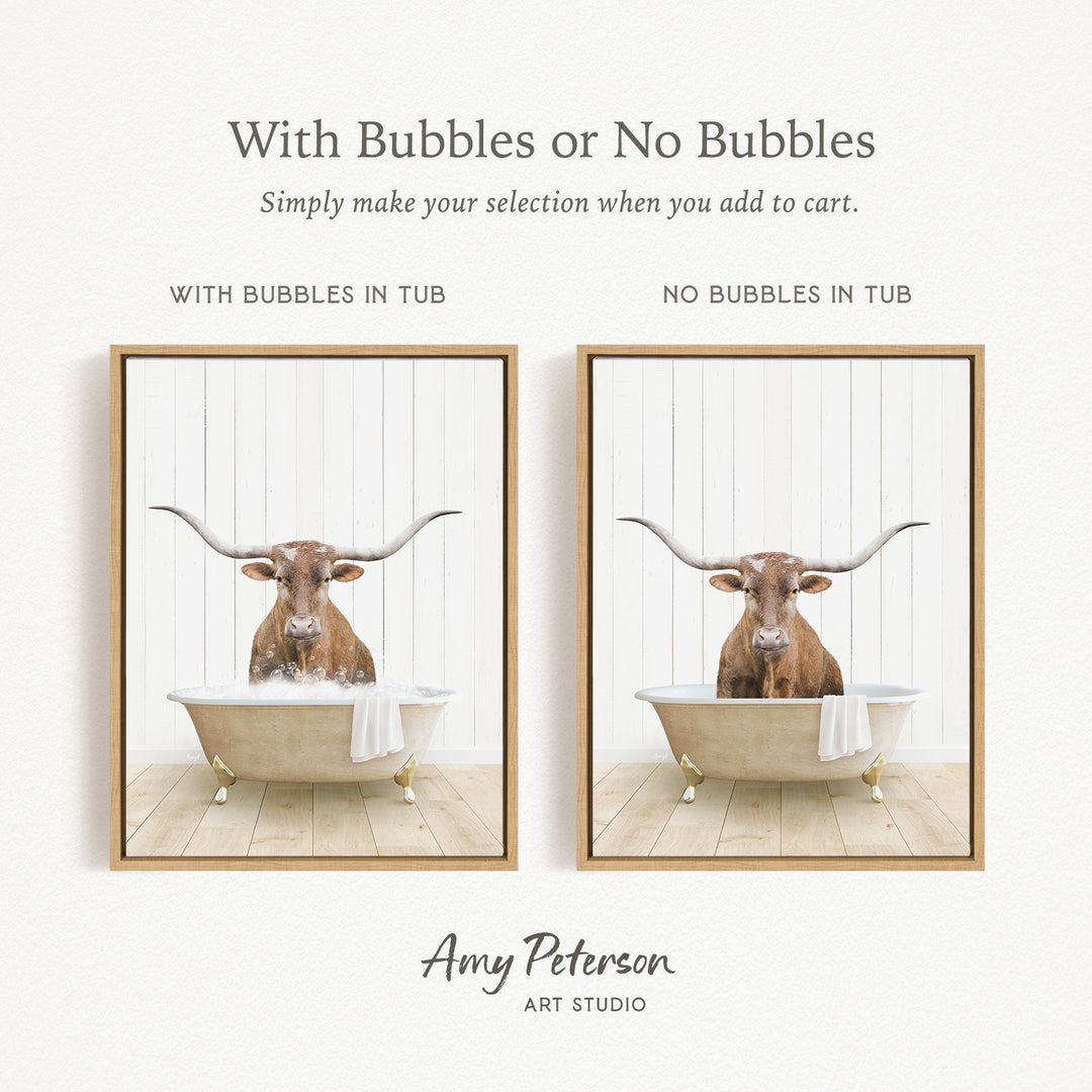 The image is a collage of two pictures featuring a bull with horns in a bathtub. The bull is either sitting or lying down in the tub, with its horns visible. The collage includes a text overlay that provides instructions for selecting the desired tub, either with bubbles or without bubbles.