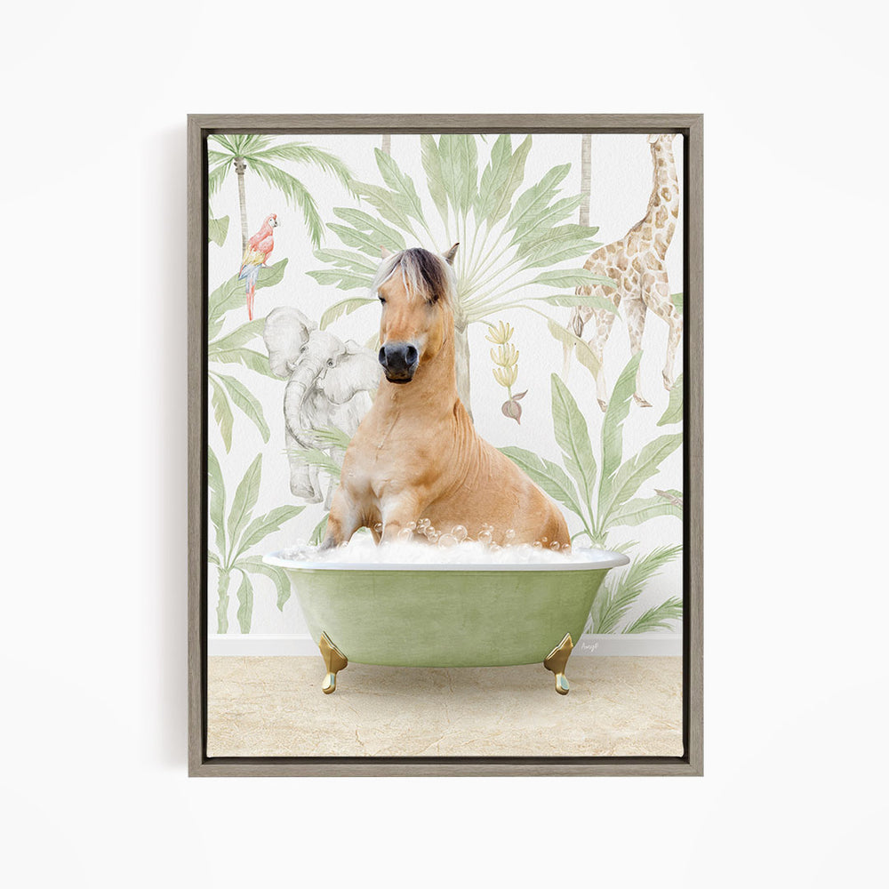 A brown horse is sitting in a green bathtub, surrounded by tropical foliage and animals, including a giraffe and a parrot.