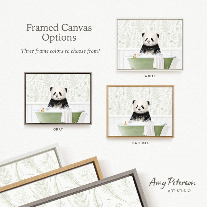 The image is a framed canvas with three different options for the color of the frame: white, gray, and natural. The canvas features a panda sitting in a bathtub, and the panda is depicted in three different color schemes: white, gray, and natural.