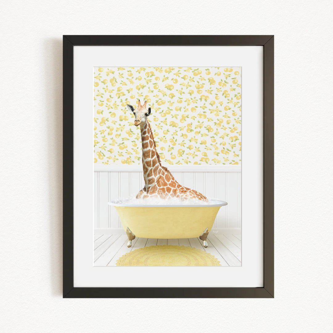 A giraffe is sitting in a yellow bathtub, surrounded by a yellow floral pattern on the wall behind it.