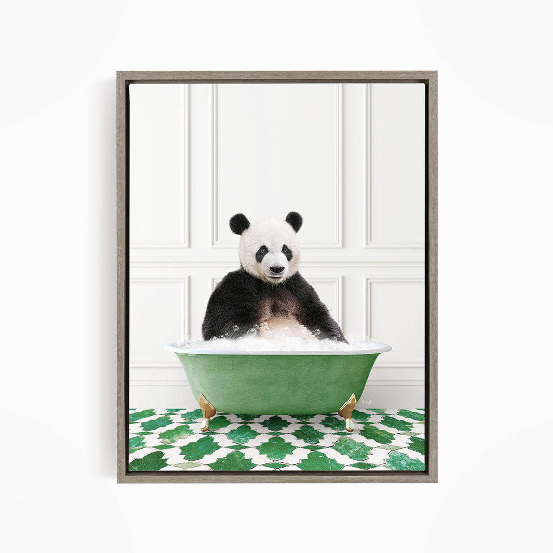 A panda bear sitting in a green bathtub filled with bubbles, surrounded by a green and white patterned floor.