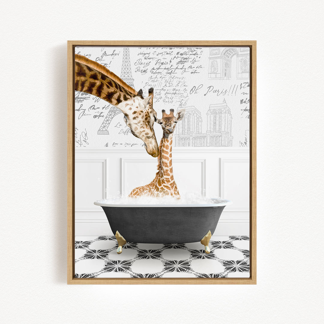 A mother giraffe and her baby giraffe are sitting in a bathtub filled with water, surrounded by a decorative wall with various texts and drawings.