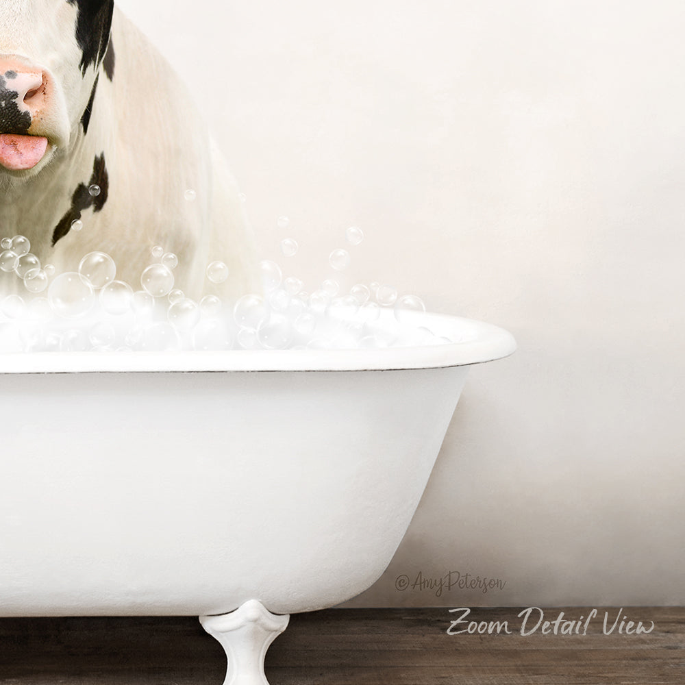 A cow is standing in a white bathtub filled with bubbles, creating a whimsical and playful scene.