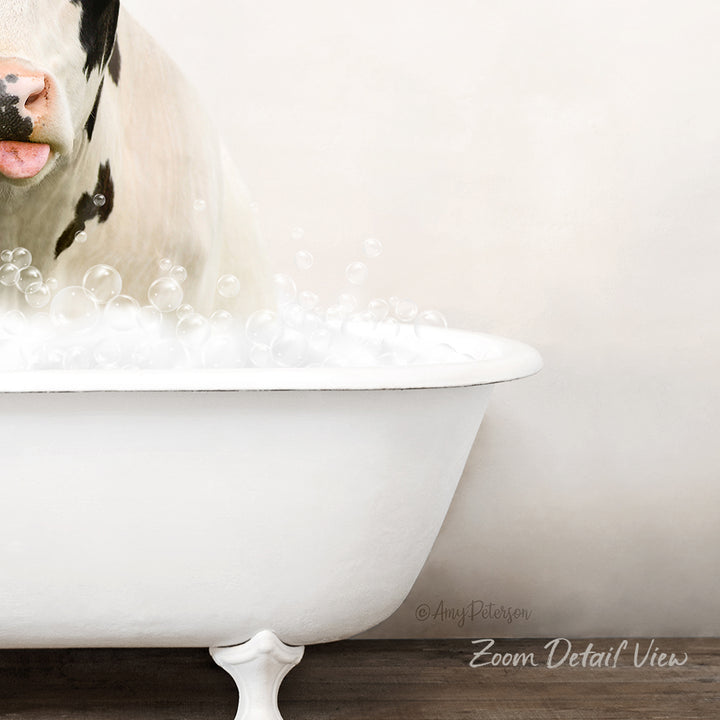 A cow is standing in a white bathtub filled with bubbles, creating a whimsical and playful scene.