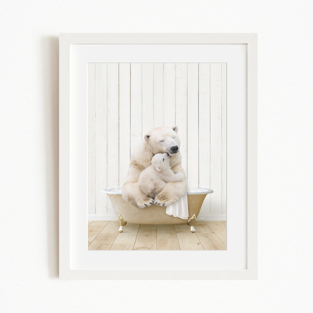 A polar bear and its cub sitting together in a bathtub, with the bear appearing to be hugging the cub.
