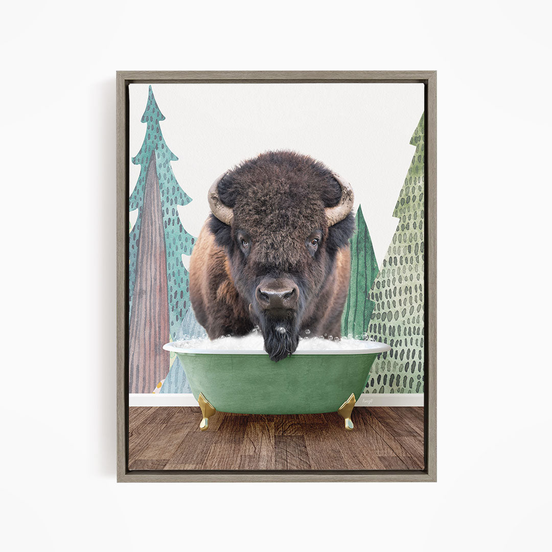 A large bison with a long, bushy tail stands in a green bathtub, surrounded by trees and a forest-like background.