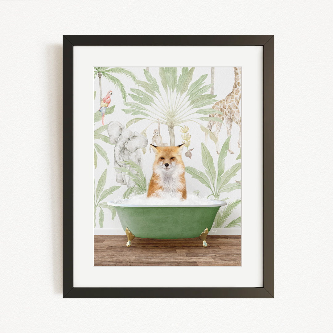 A framed print depicting a fox sitting in a green bathtub, surrounded by a tropical jungle scene with various animals such as a giraffe, elephant, and parrot.