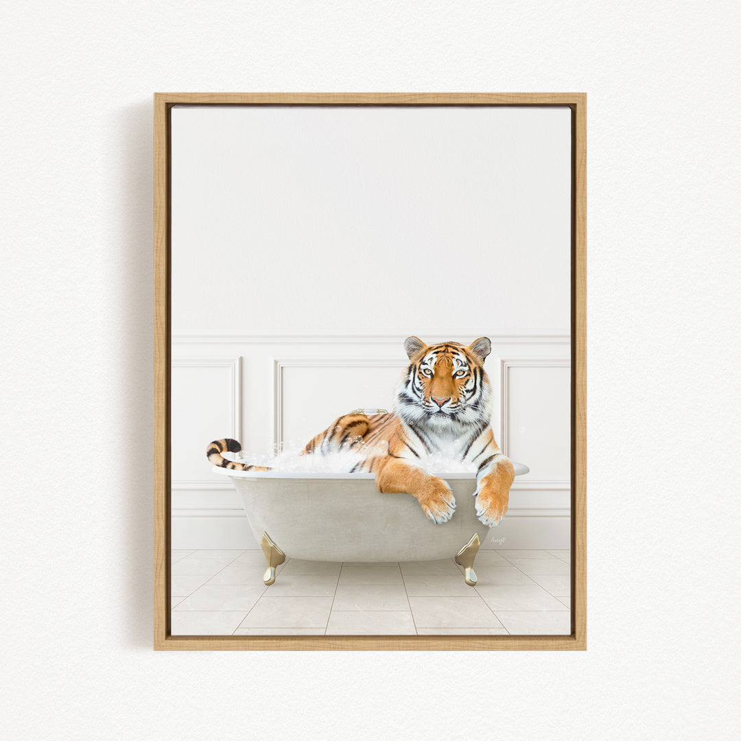 A tiger is sitting in a bathtub filled with water, appearing relaxed and comfortable.