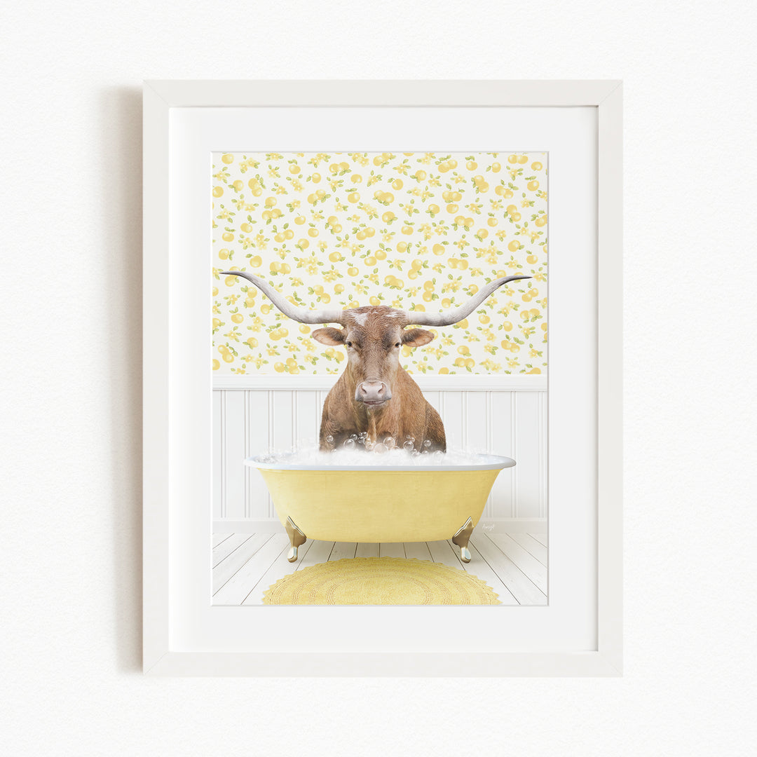 A brown cow with large horns is sitting in a yellow bathtub filled with water, surrounded by a yellow floral pattern on the wall behind it.