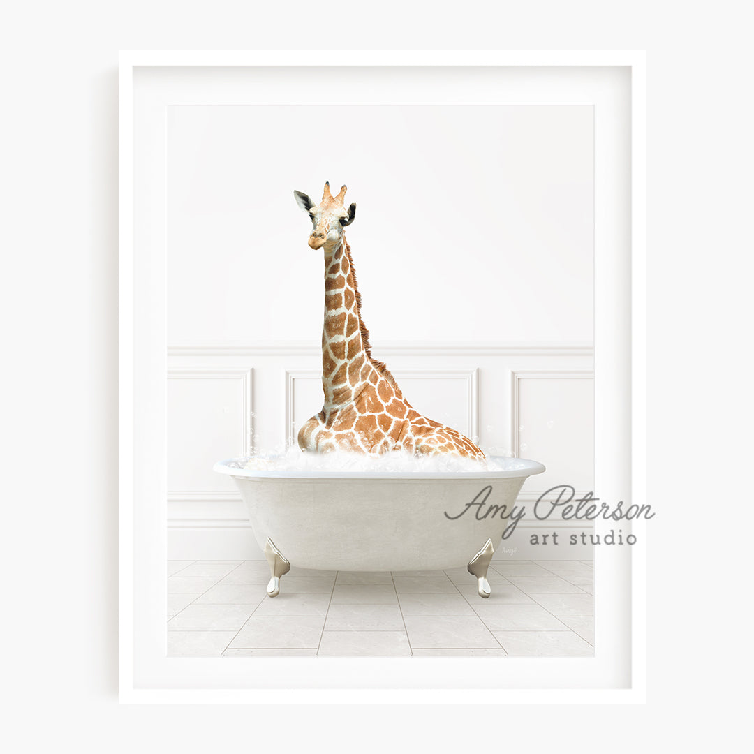 a giraffe is sitting in a bathtub