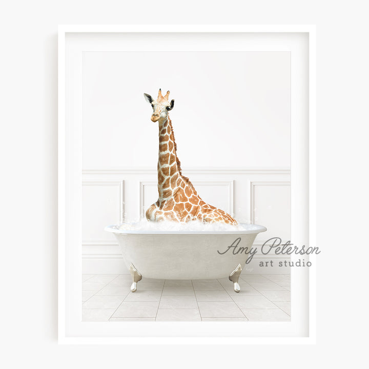 a giraffe is sitting in a bathtub