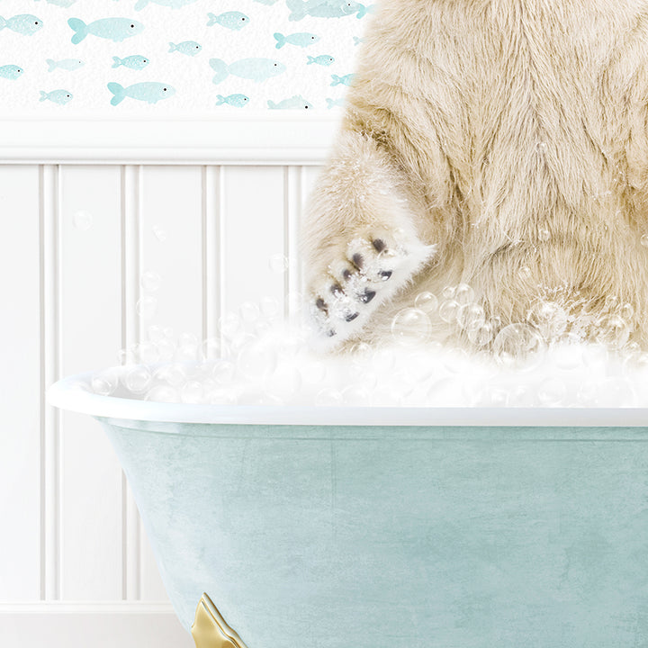 a polar bear sitting in a bathtub full of bubbles