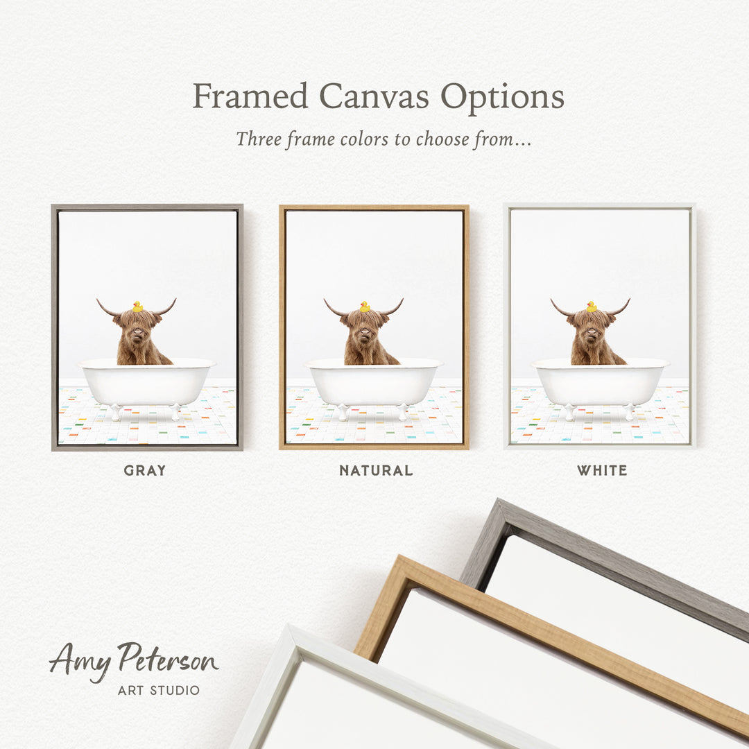 three framed canvas options, each featuring a brown cow in a bathtub. The options include a gray, a natural, and a white frame.