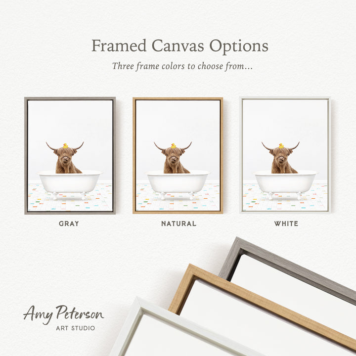 three framed canvas options, each featuring a brown cow in a bathtub. The options include a gray, a natural, and a white frame.