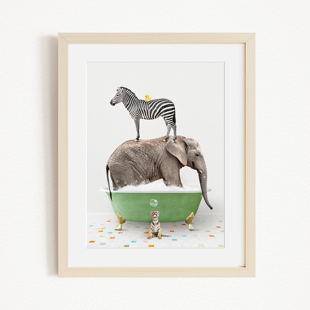 A zebra stands on top of an elephant in a green bathtub, with a cat sitting nearby and a bird perched on the elephant's head.