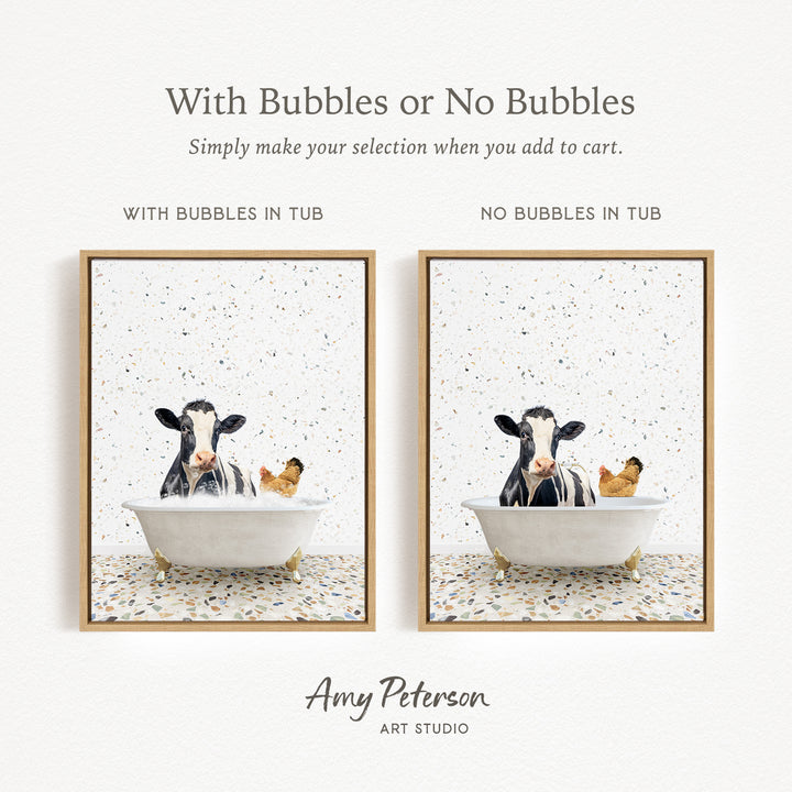 The image is a collage of two pictures, each featuring a cow and a chicken in a bathtub. The cow is sitting in a tub with bubbles, while the chicken is sitting in a tub without bubbles. The text above the images reads "With Bubbles or No Bubbles Simply make your selection when you add to cart."