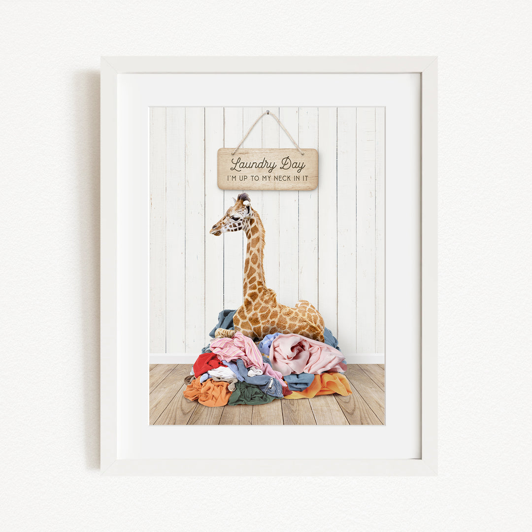 A giraffe is sitting on a pile of clothes in front of a sign that says "Laundry Day".