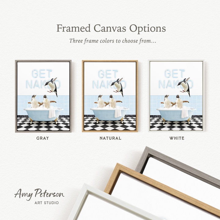 three framed canvas options, each featuring a different color and frame style. The options include a gray frame, a natural frame, and a white frame. The text above the options reads " framed Canvas Options" and "Three frame colors to choose from...".