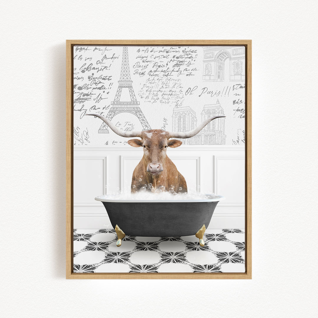 A brown cow with large horns is sitting in a bathtub filled with water, surrounded by a black and white checkered floor and a wall with various inscriptions and drawings.