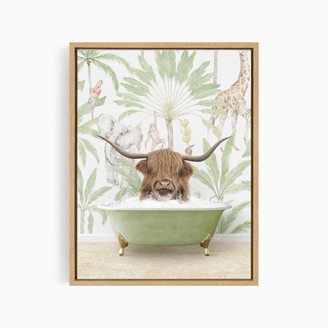 A framed illustration depicting a cow with long horns sitting in a green bathtub, surrounded by tropical foliage and animals.