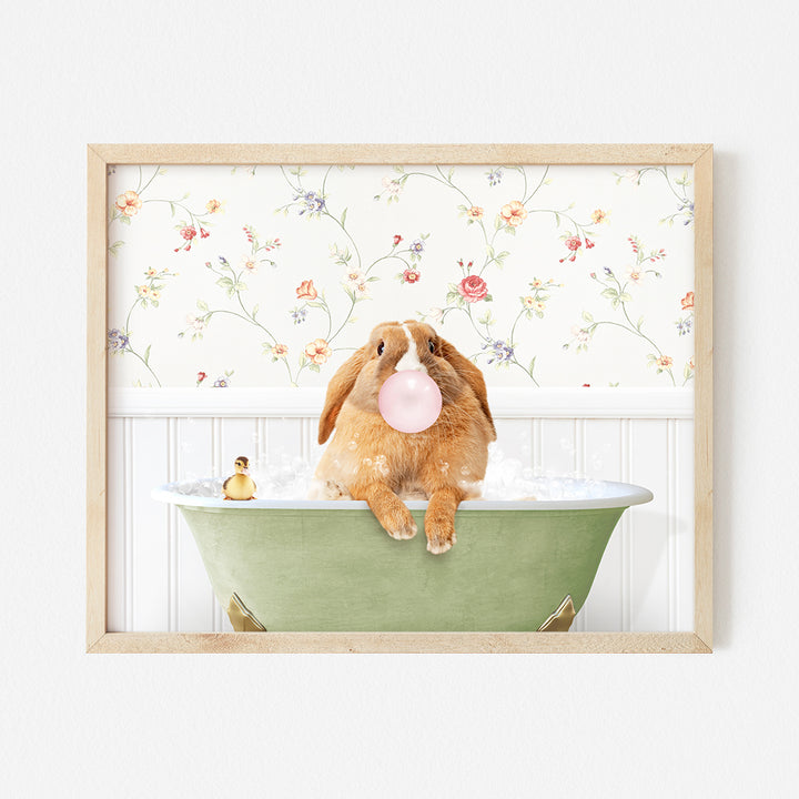 a rabbit in a bathtub with a bubble gum in its mouth