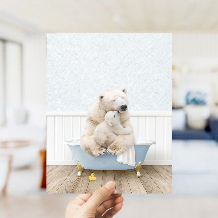 A polar bear is sitting in a bathtub, holding a baby bear, in a cozy, white-walled room.