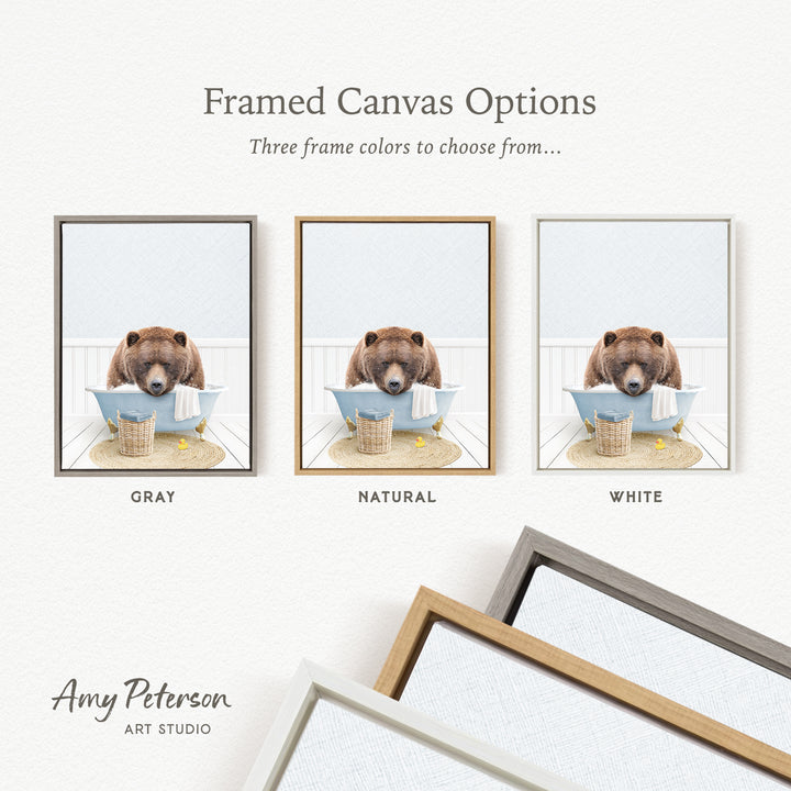 three framed canvas options featuring a brown bear sitting in a bathtub, with each frame having a different color.