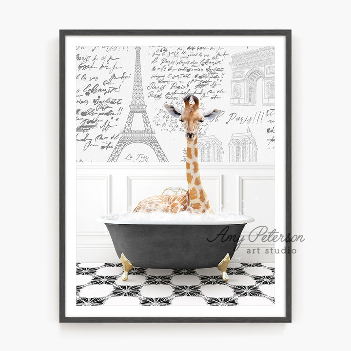 a giraffe sitting in a bathtub in front of a wall with writing