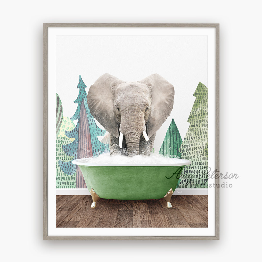 an elephant is taking a bath in a green tub