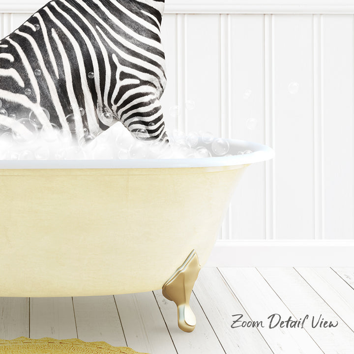 A zebra standing in a bathtub filled with bubbles, with a white wall and wooden floor in the background.