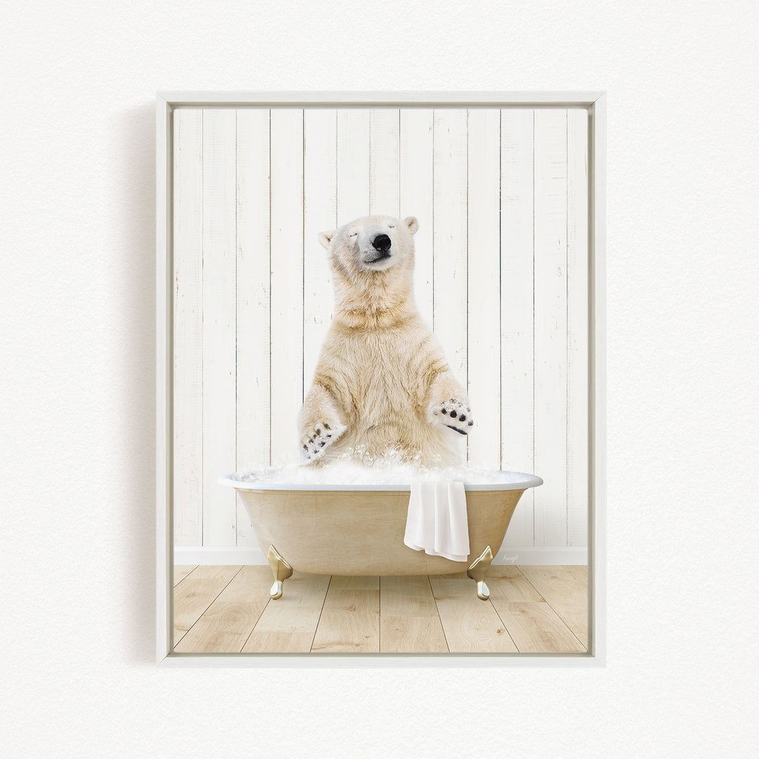 A polar bear standing in a bathtub filled with water, with its paws raised in the air.