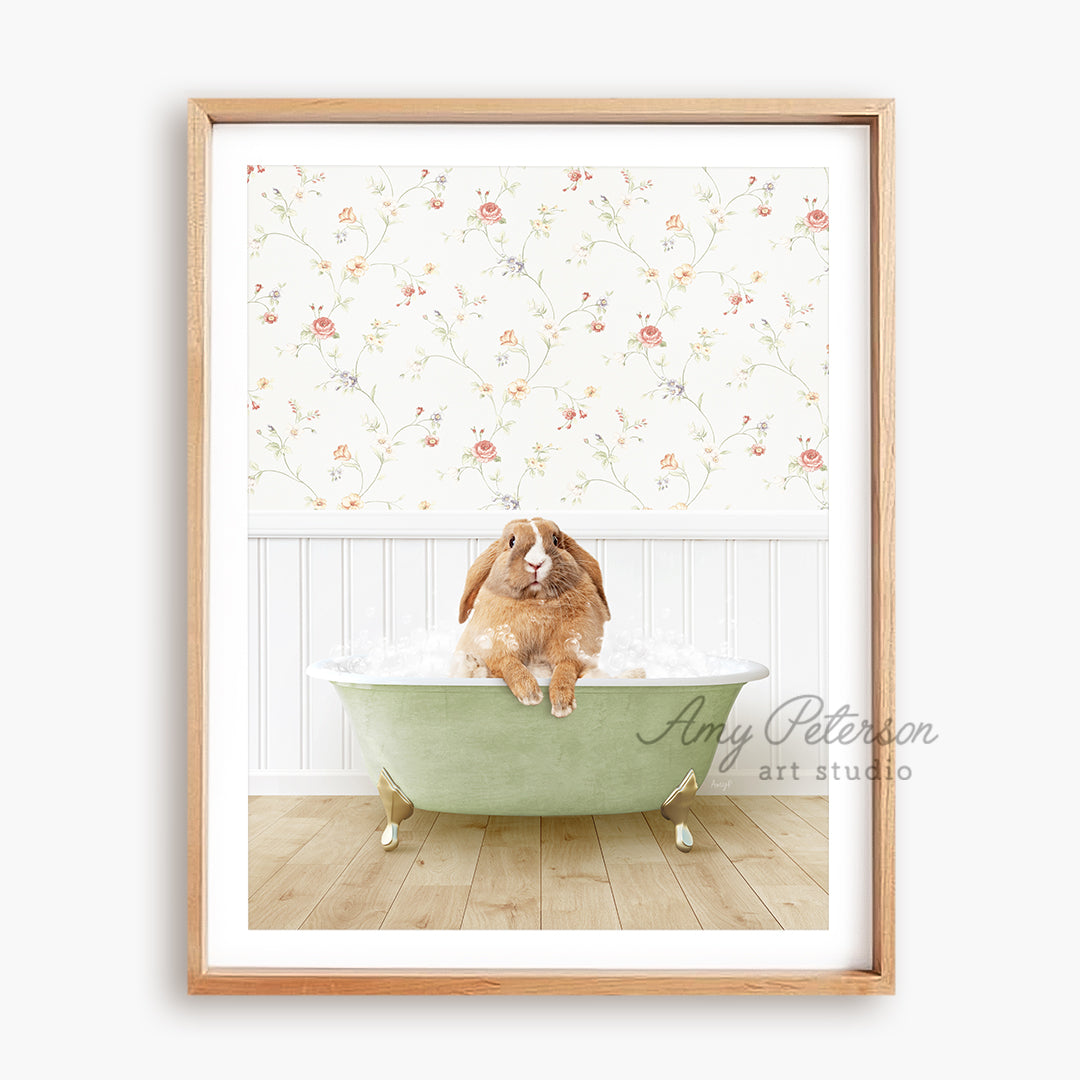 a dog sitting in a bathtub with a flowered wallpaper behind it