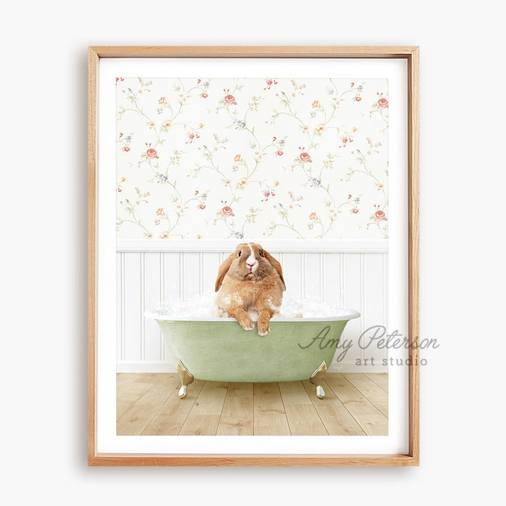 a dog sitting in a bathtub with a flowered wallpaper behind it