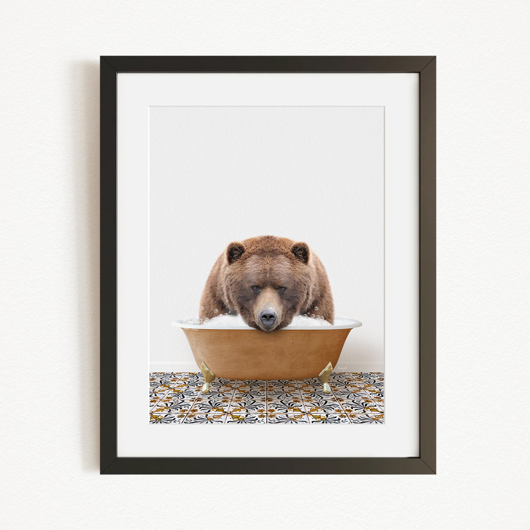 A brown bear is sitting in a bathtub filled with water, appearing to be enjoying a relaxing bath.