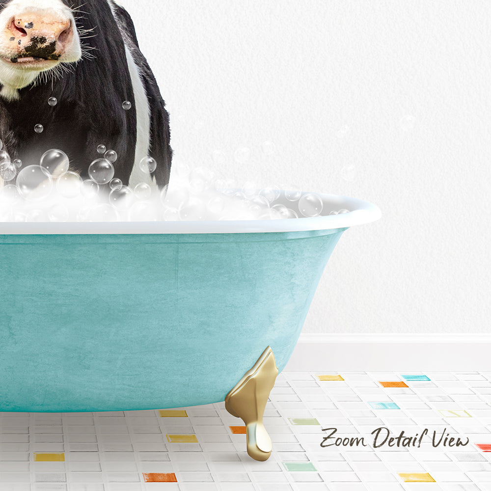 A cow is standing in a blue bathtub filled with bubbles, creating a whimsical and playful scene.
