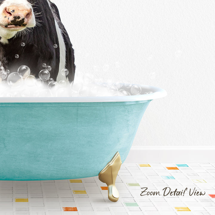 A cow is standing in a blue bathtub filled with bubbles, creating a whimsical and playful scene.