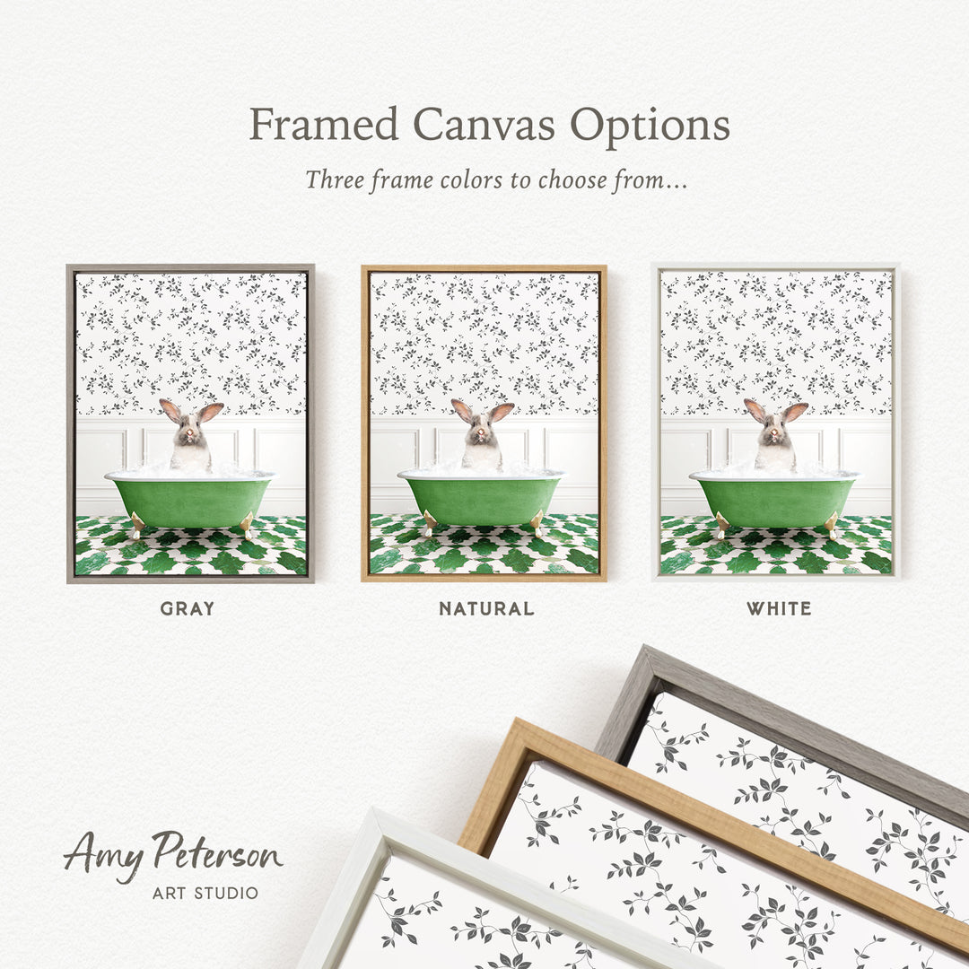 three framed canvas options, each featuring a different color and frame style. The options include a gray frame, a natural frame, and a white frame. The text above the options reads " Framed Canvas Options" and "Three frame colors to choose from...". The text below the options reads "Grays", "Naturals", and "Whites". The artist's name, " Amy Peterson", is also included at the bottom of the image.
