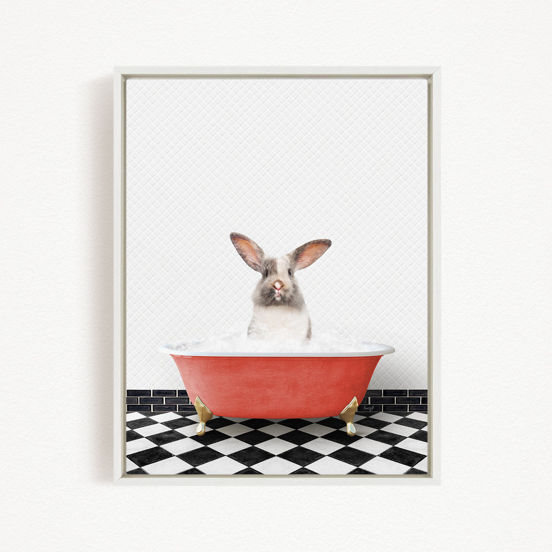 A white rabbit sitting in a red bathtub filled with water, with a black and white checkered floor in the background.