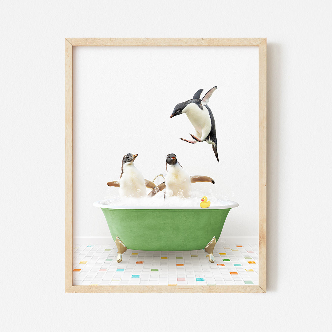 a picture of a group of penguins in a bathtub