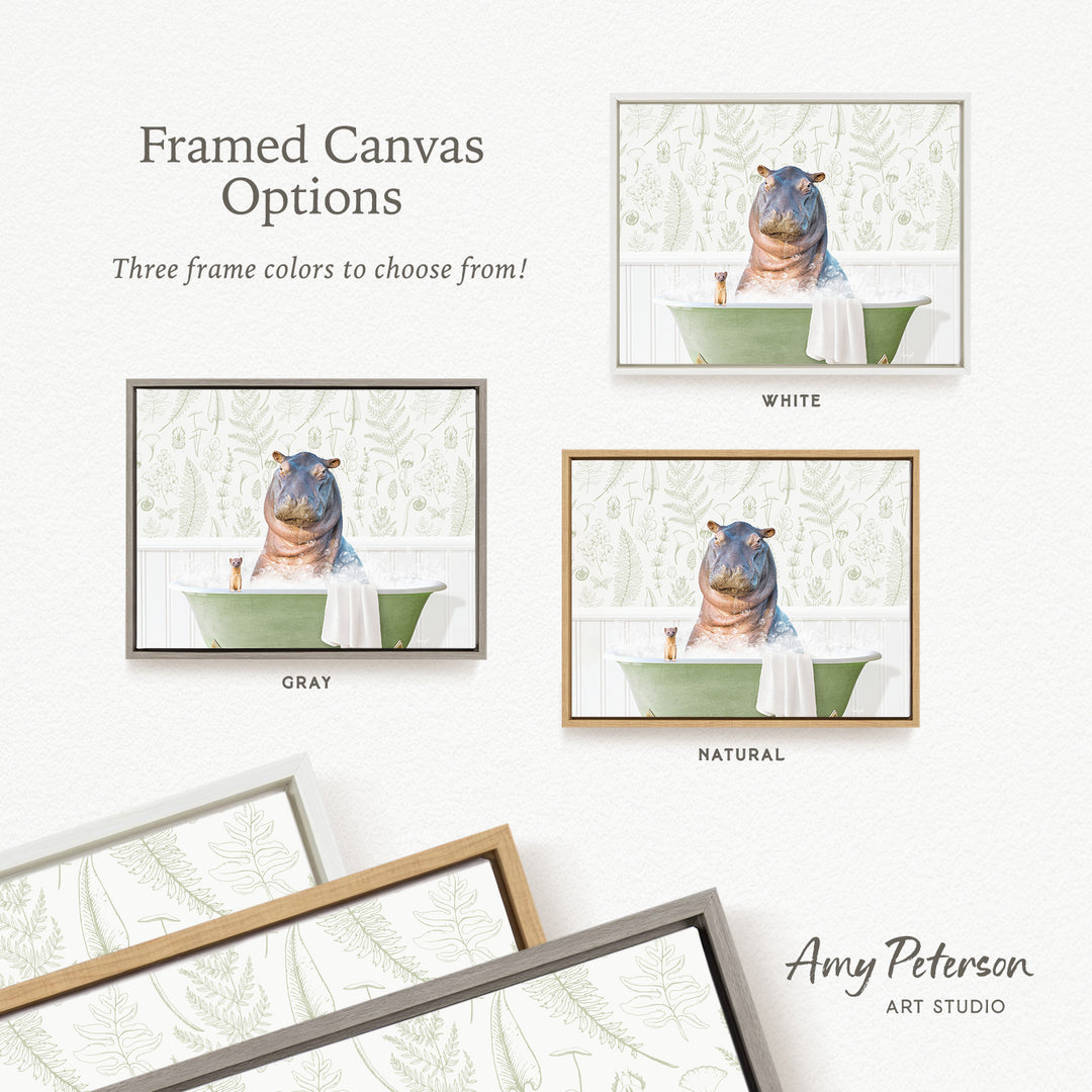 three framed canvas options featuring a hippopotamus sitting in a bathtub, with different frame colors available.