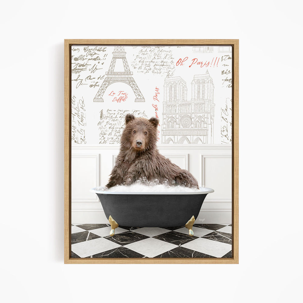 A brown bear sitting in a bathtub filled with water, surrounded by a Paris-themed background with the Eiffel Tower and other landmarks.