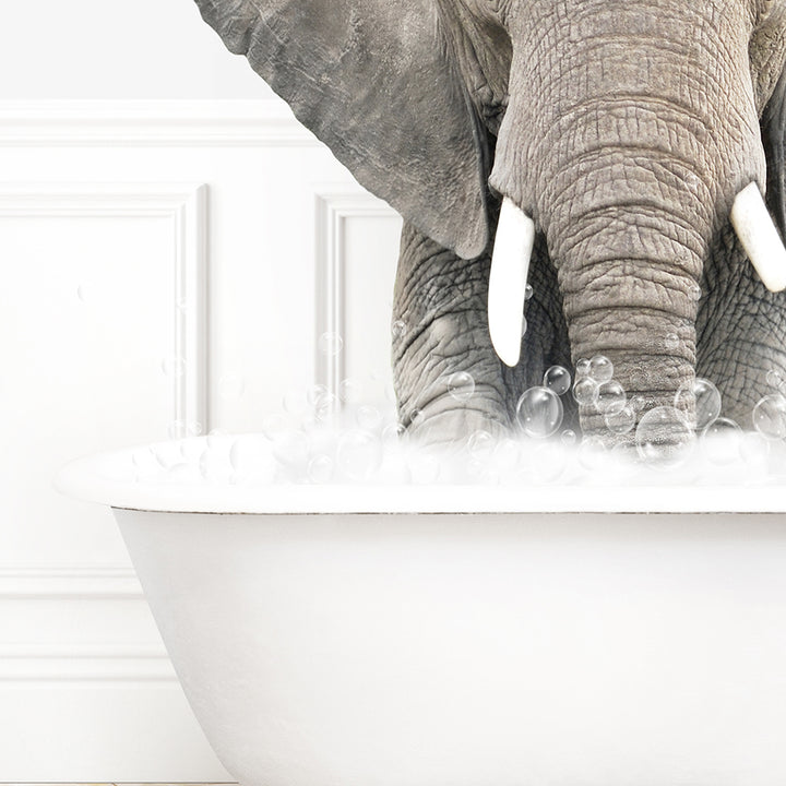 an elephant standing in a bathtub filled with bubbles