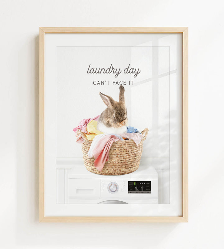 A framed image depicting a rabbit sitting in a basket filled with laundry, with the text "laundry day can't face it" written above the rabbit.