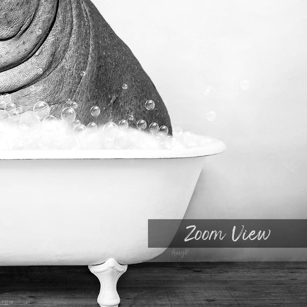 A black and white image showing a white bathtub filled with bubbles, with a text overlay that reads "Zoom View" and a small watermark at the bottom right corner.