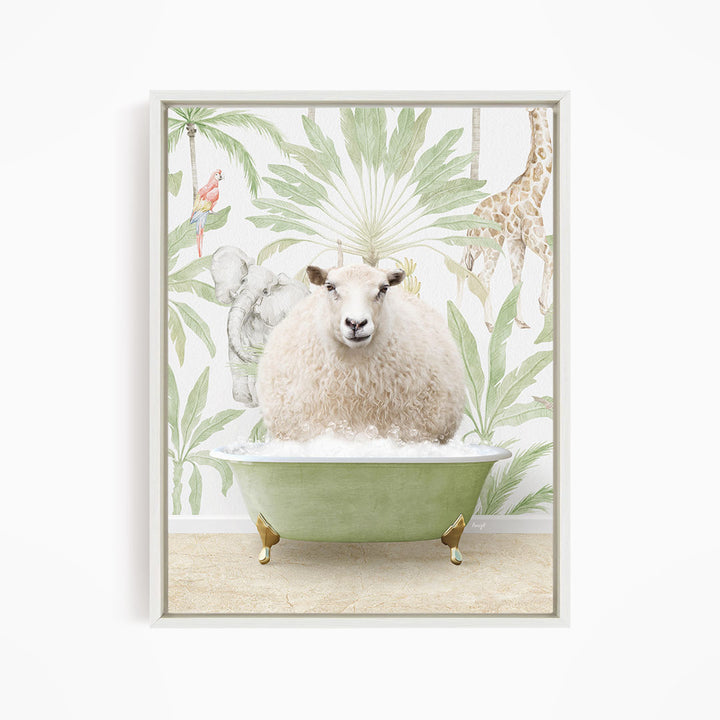 A sheep is sitting in a green bathtub, surrounded by a tropical wallpaper with palm trees and other animals.