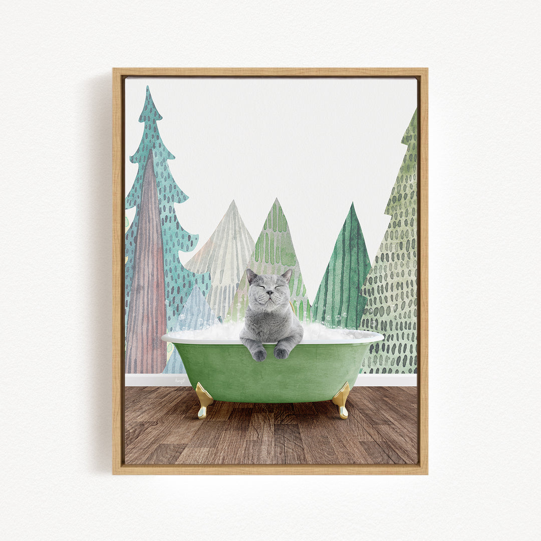 A gray cat sitting in a green bathtub, surrounded by a forest scene with trees in various shades of green and brown.