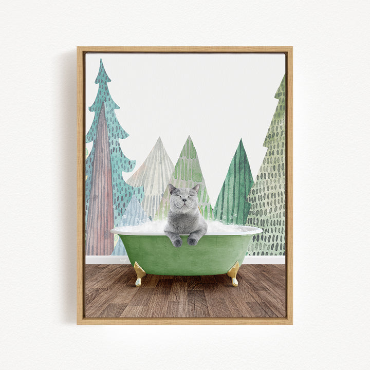A gray cat sitting in a green bathtub, surrounded by a forest scene with trees in various shades of green and brown.